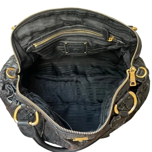 PRADA Vernice Waves Bag Black Patent Leather Gold Hardware Large 16” Authentic - Picture 5 of 15